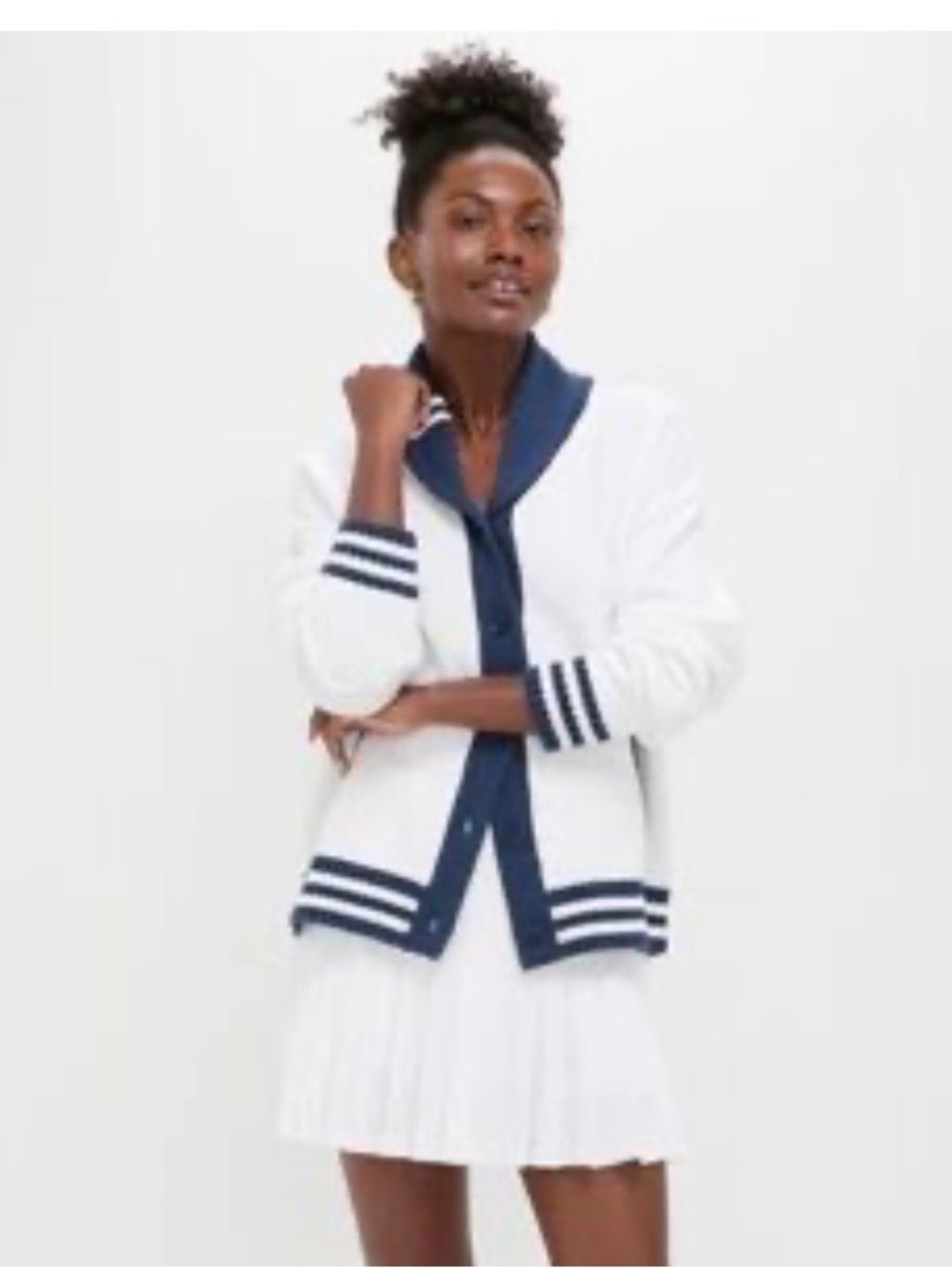 Tuckernuck White and Navy cotton Varsity Freya Cardigan sweater Nautical $198 - Picture 2 of 5